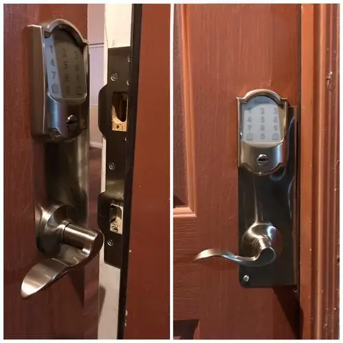 Strike plate with door reinforcer and Schlage keypad with multlock high security keys after break-in